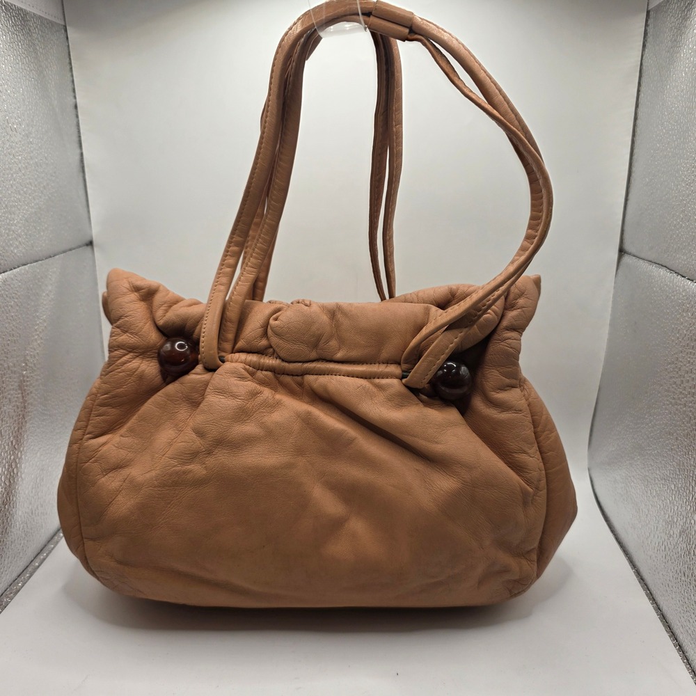 Jane Shilton Vintage Tan Leather Purse Bag Made in England Tortoise Bead Accent